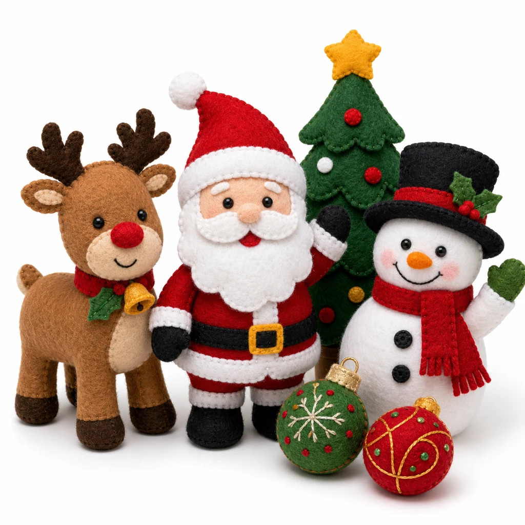Colección navideña terminada en fieltro con Papá Noel, reno y muñeco de nieve